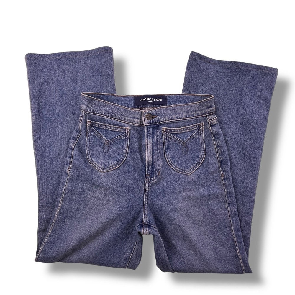 Veronica Beard Crosbie Wide Leg Jeans High Rise Blue Denim Patch Pocket